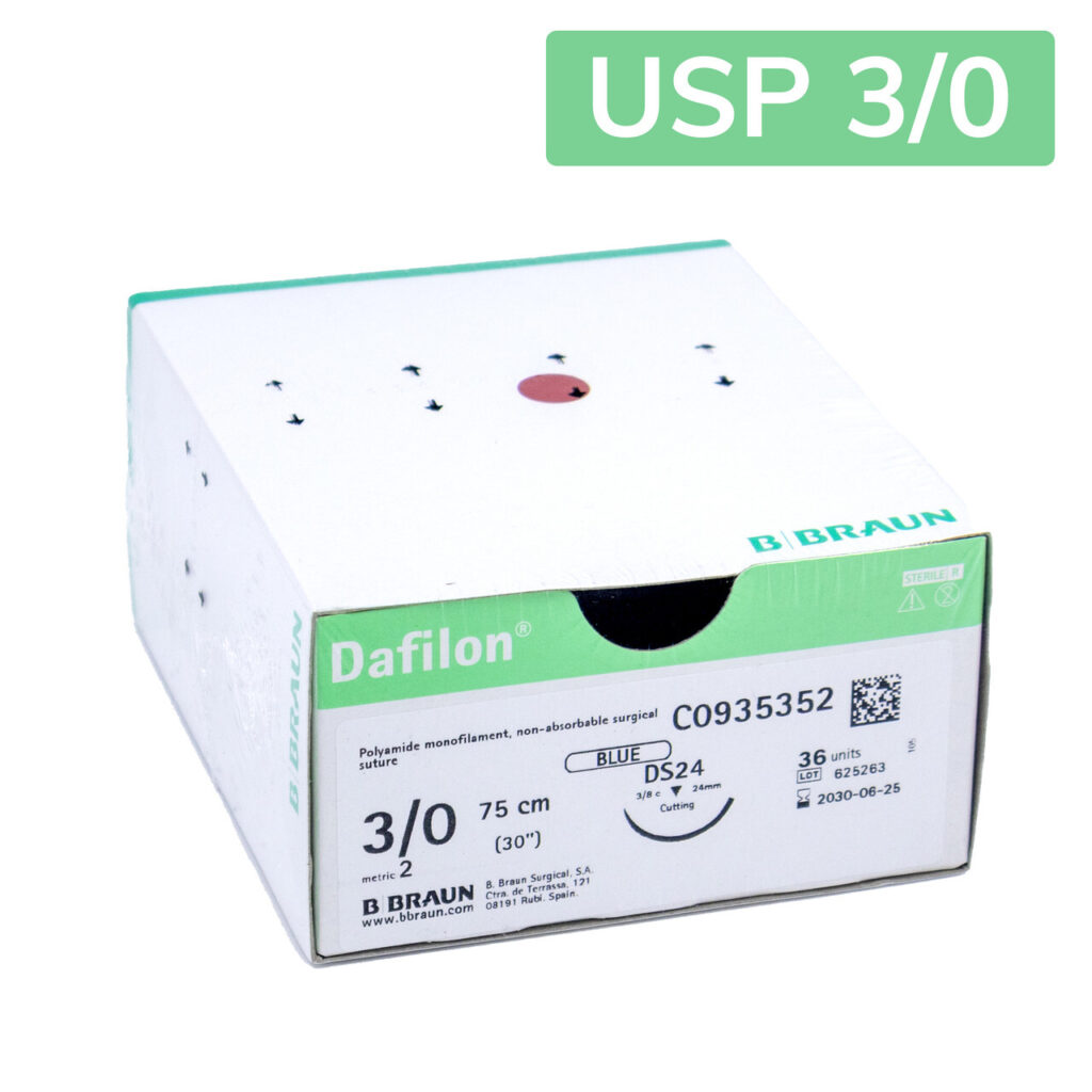 Sutura Dafilon calibre 3/0, aguja DS24, 75 cm · cierre quirúrgico en caballos