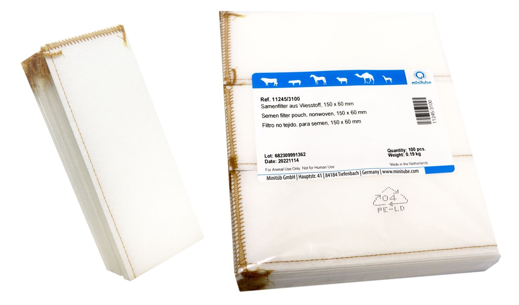 Filtro de semen de celulosa 150 × 60 mm, 100 uds
