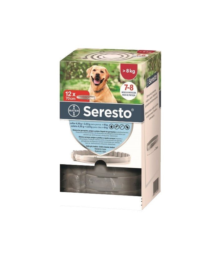 Collar Seresto 70 cm para perros de más de 8 kg · envase clínico de 12 unidades