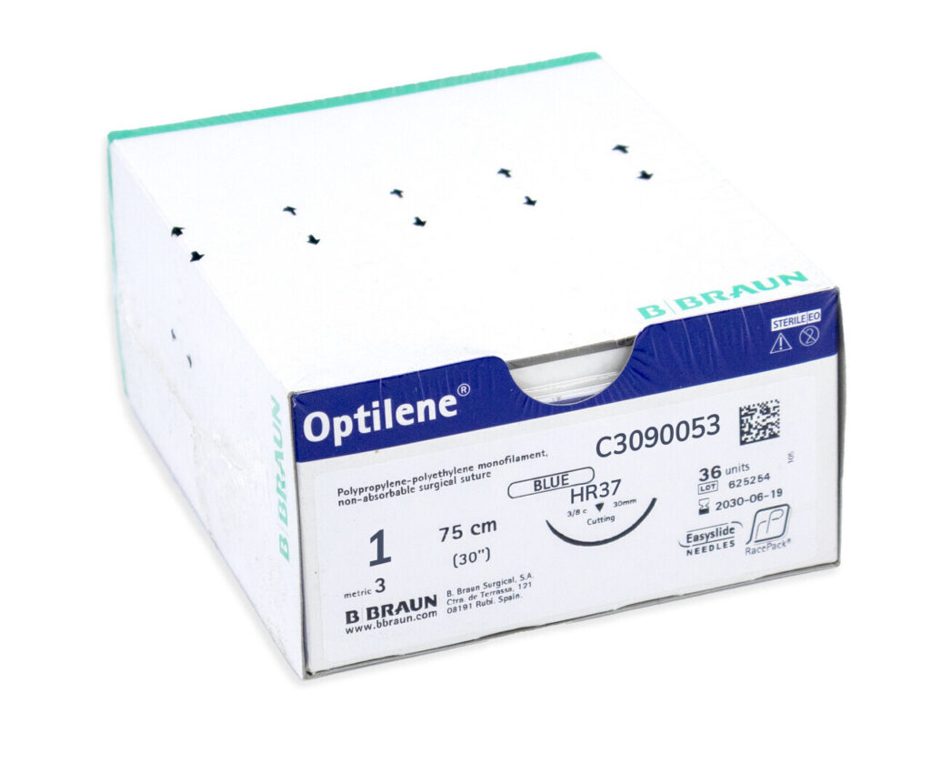 Sutura Optilene 1, aguja HR37, 75 cm · sutura quirúrgica veterinaria