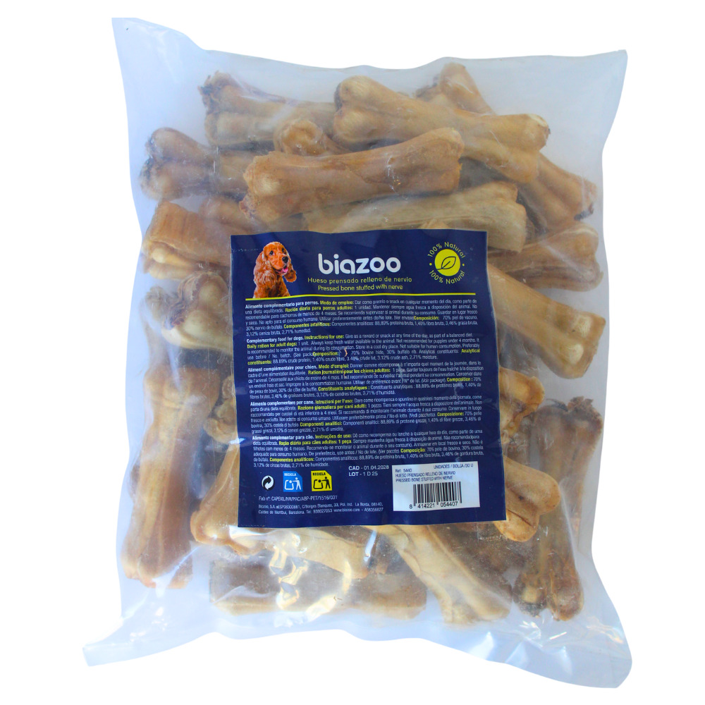 Hueso prensado de cuero Biozoo 10 cm, bolsa de 30 unidades · snack para perros