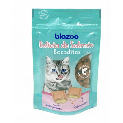 Snack gato bocaditos de salmón Biozoo 60 g · premio para gatos