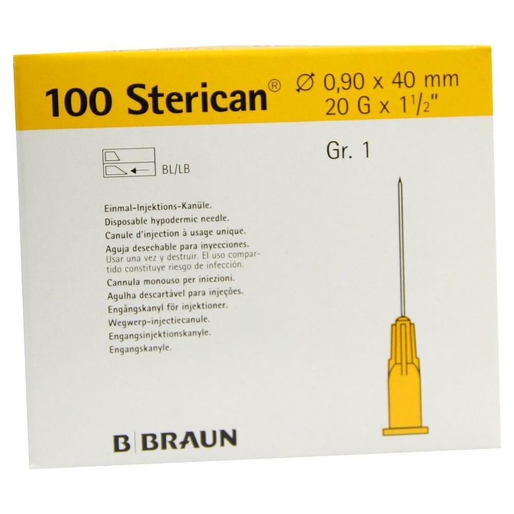 Aguja desechable 0,9/40 20 g amarilla, caja de 100 unidades
