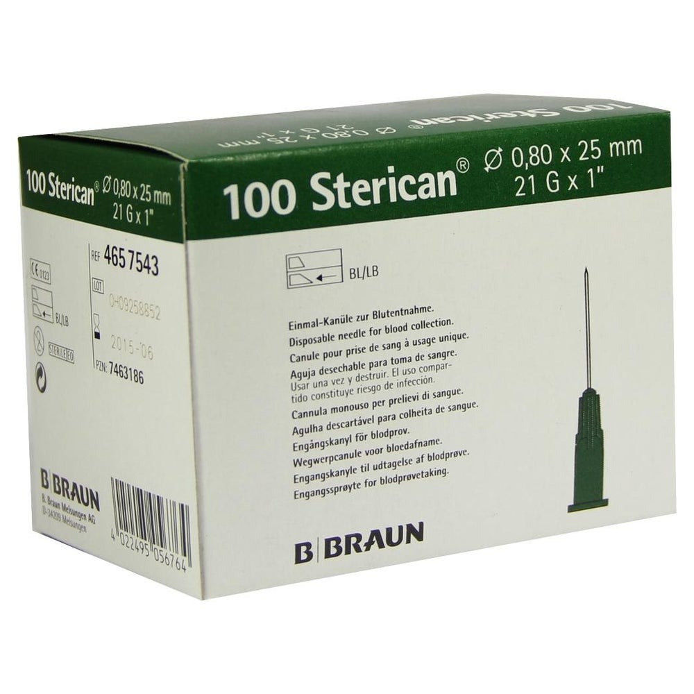 Aguja desechable 0,8/25 21 g verde, caja de 100 unidades