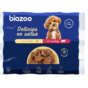 Biozoo Delicias en salsa pollo y buey 4 × 100 g · alimento húmedo sin cereales para perros