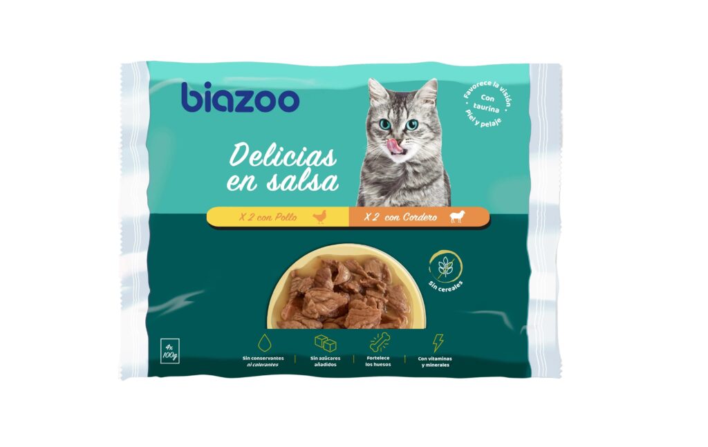 Biozoo Delicias en salsa pollo y cordero 4 × 100 g · alimento húmedo sin cereales para gatos