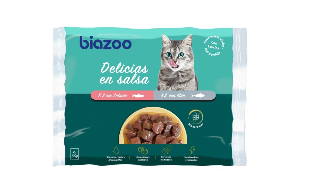 Biozoo Delicias en salsa salmón y atún 4 × 100 g · alimento húmedo sin cereales para gatos