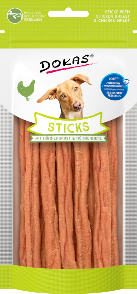 Dokas Dog Sticks Pechuga y Corazón de Pollo 60 g · premio cárnico para perros