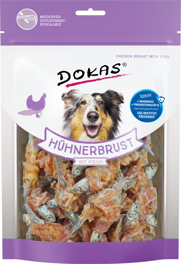 Dokas Pechuga de Pollo con Pescado 220 g · snack natural para perros