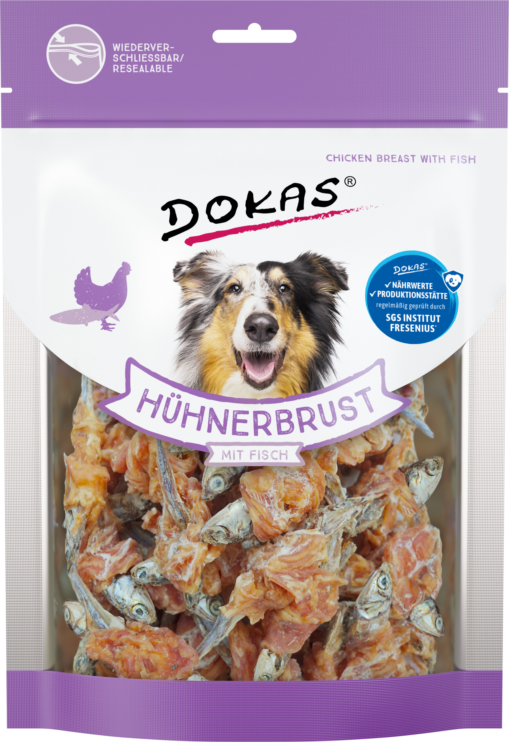 Dokas Pechuga de Pollo con Pescado 220 g · snack natural para perros