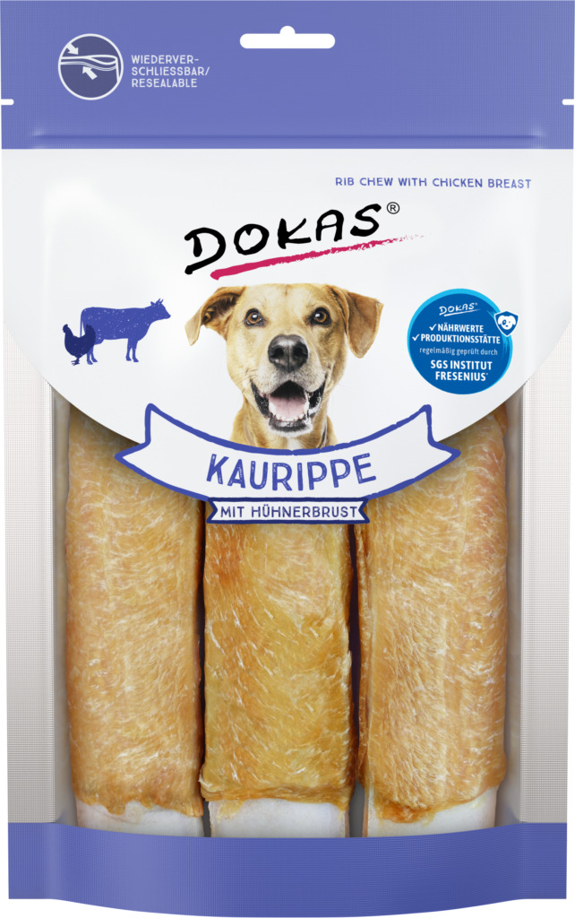 Dokas Costillas con Pechuga de Pollo 210 g · snack crujiente para perros
