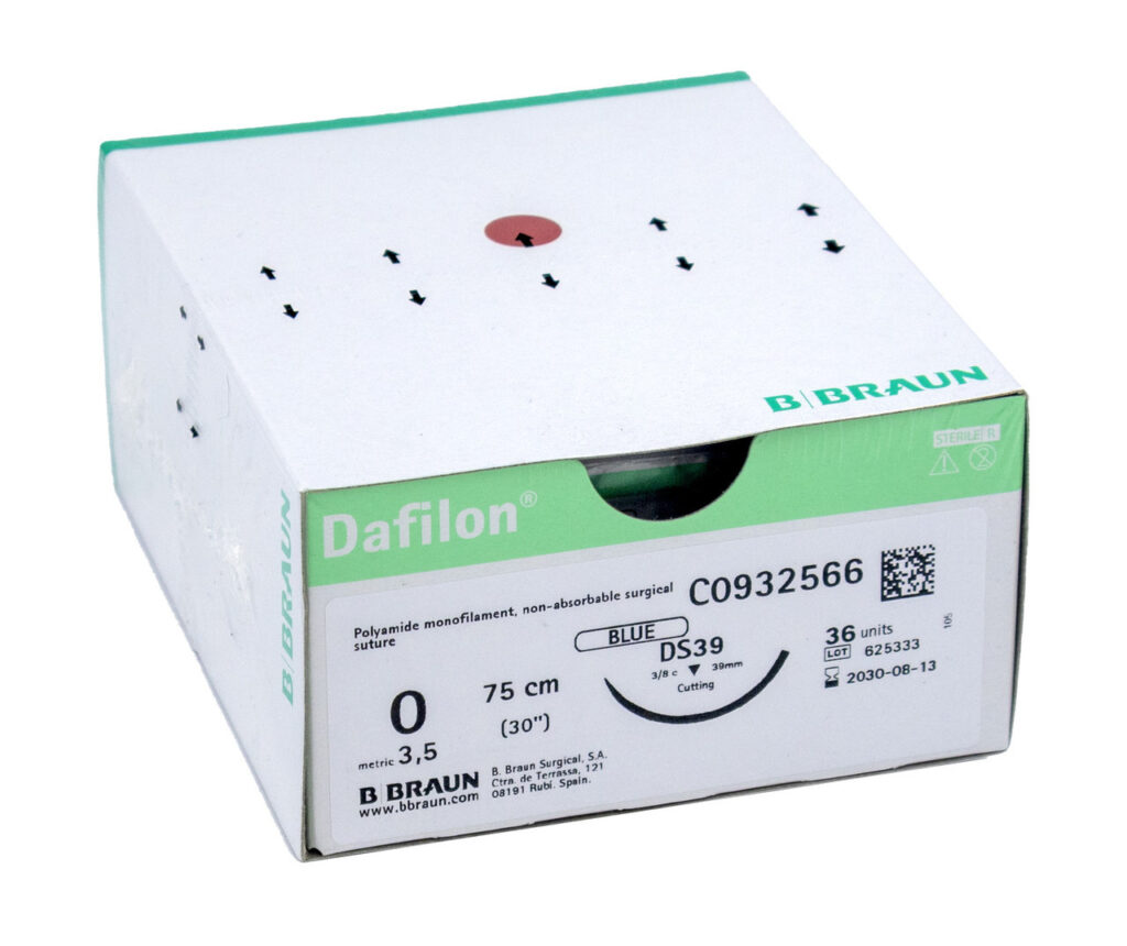 Sutura Dafilon 0, aguja DS30, hilo de 75 cm, no absorbible · Cirugía veterinaria